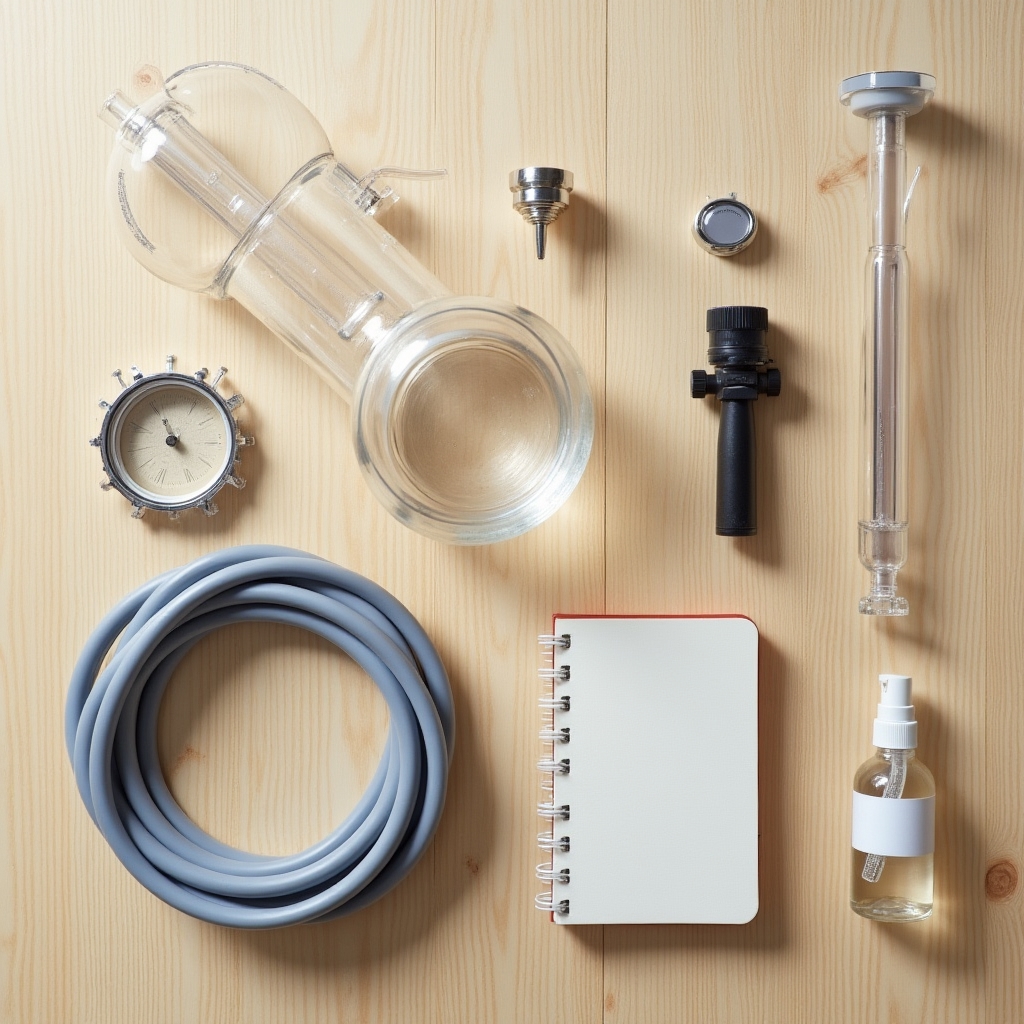 Home brew starter kit equipment including airlock, hydrometer and tubing arranged on a table