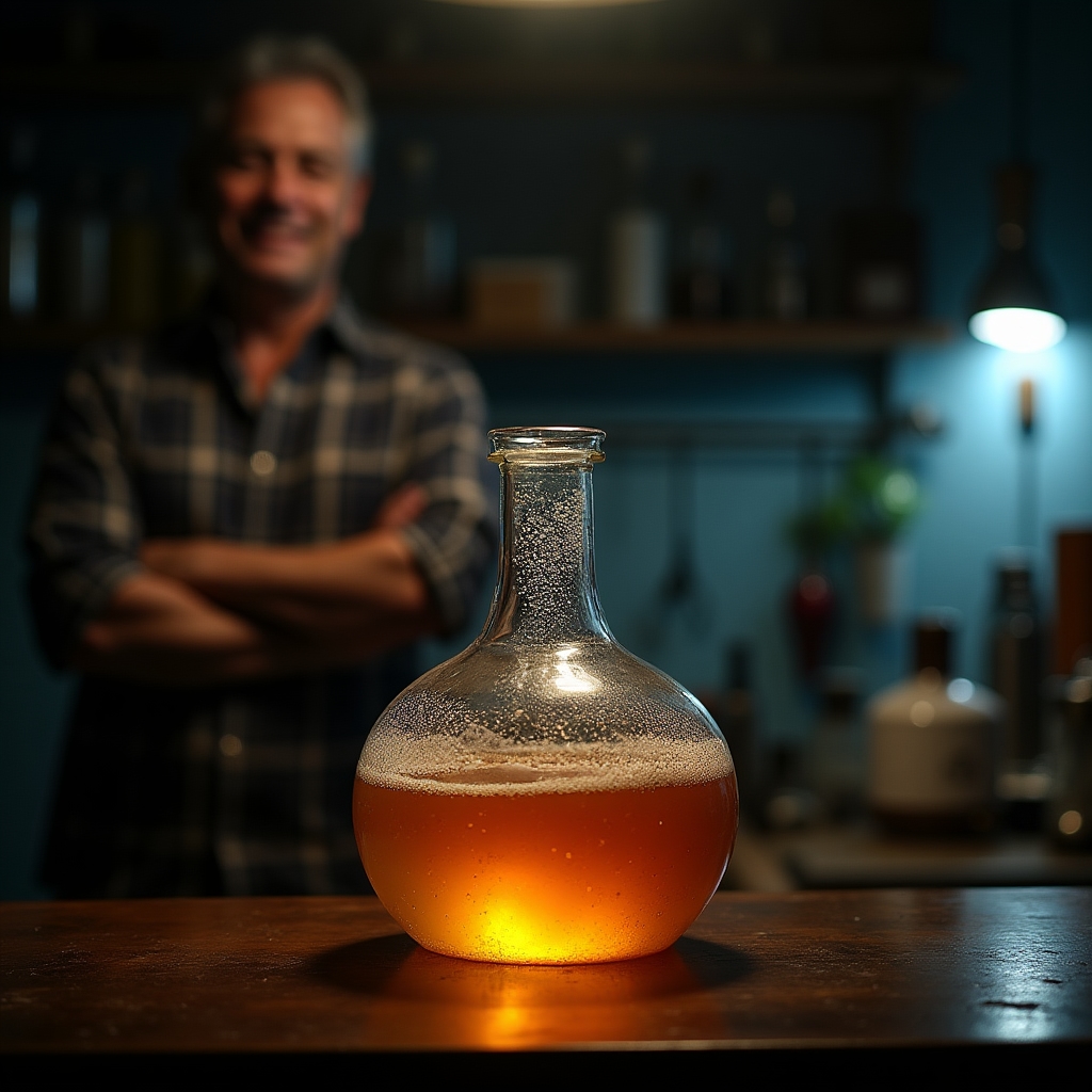 Glass fermentation carboy with an airlock bubbling during active fermentation