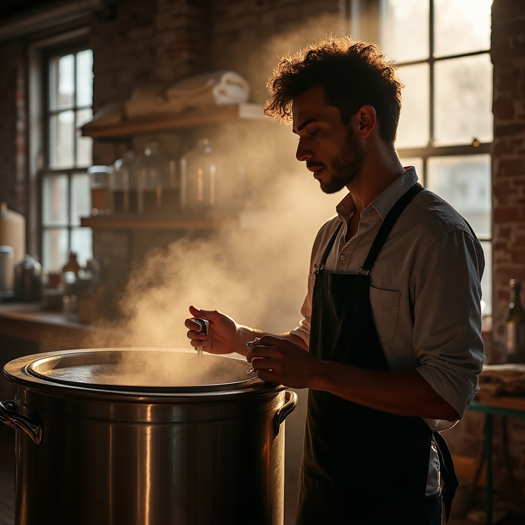 Home brewer working beside a steaming brew kettle during a mashing session