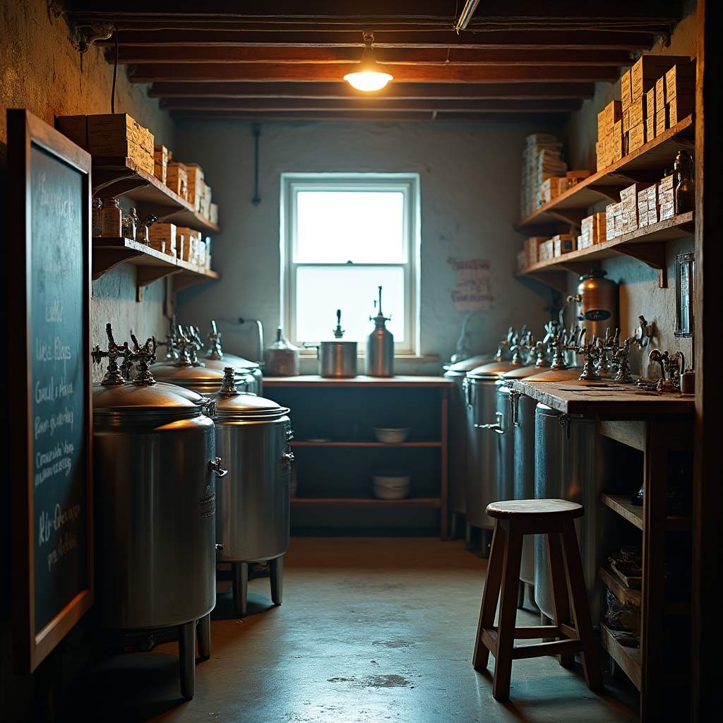 Home brewery corner with fermentation vessels and ingredient shelving