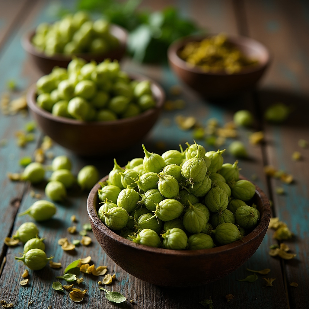 Assorted hop cone varieties in bowls used for home brew recipe formulation