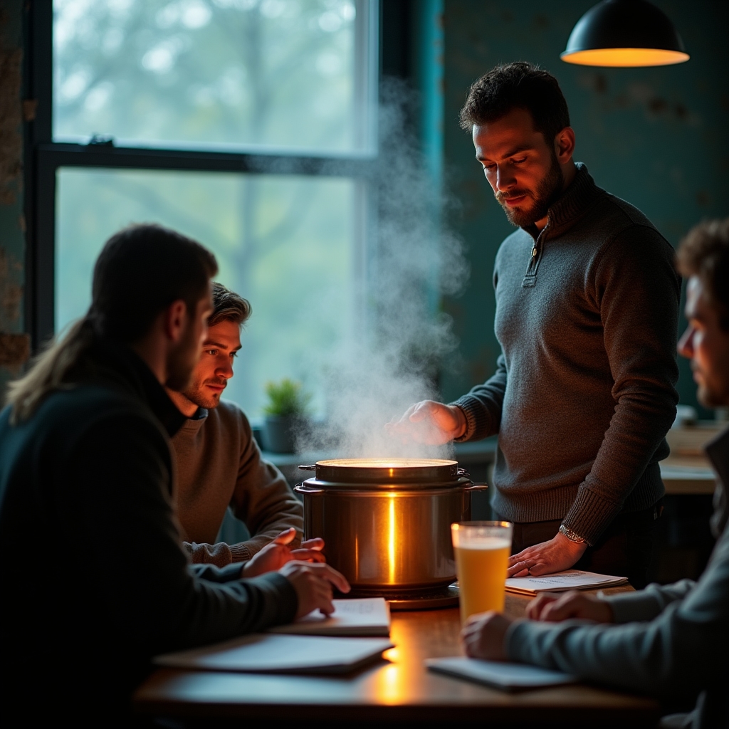 Instructor demonstrating mash temperature checks to a small group of home brewers