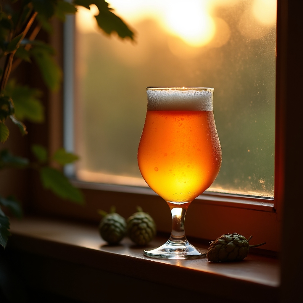 Glass of hazy IPA home brew beside fresh hop cones