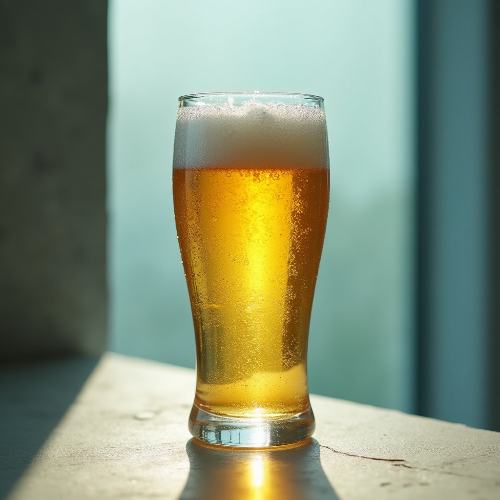 Glass of pale lager style home brew with visible condensation