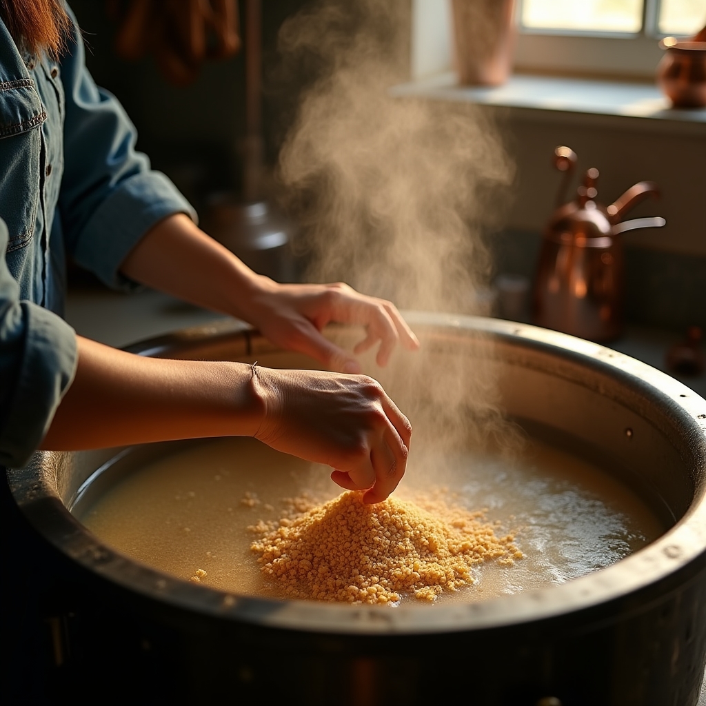 Hands stirring crushed malted grain into hot water inside a mash tun