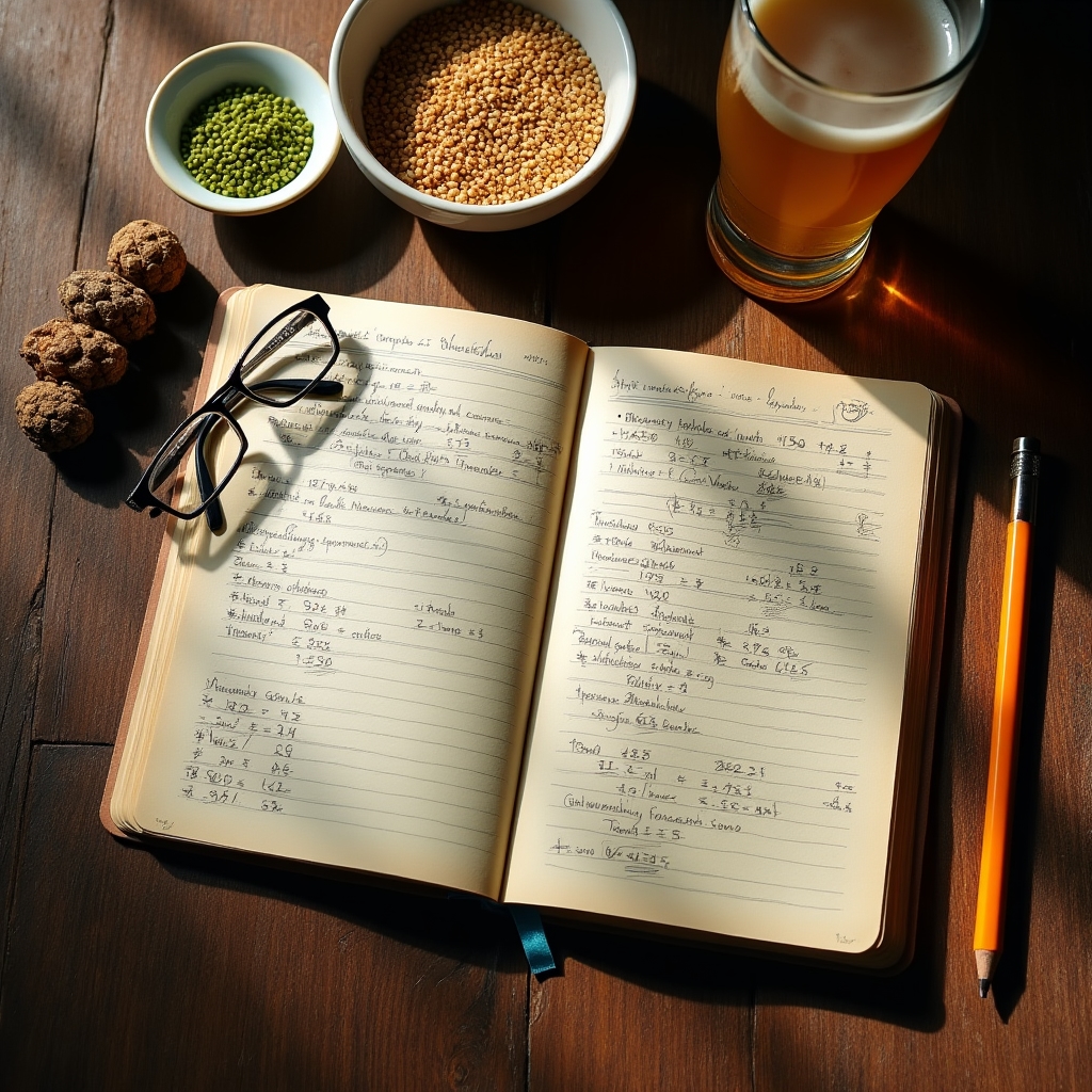 Recipe notebook and hop samples on a wooden desk