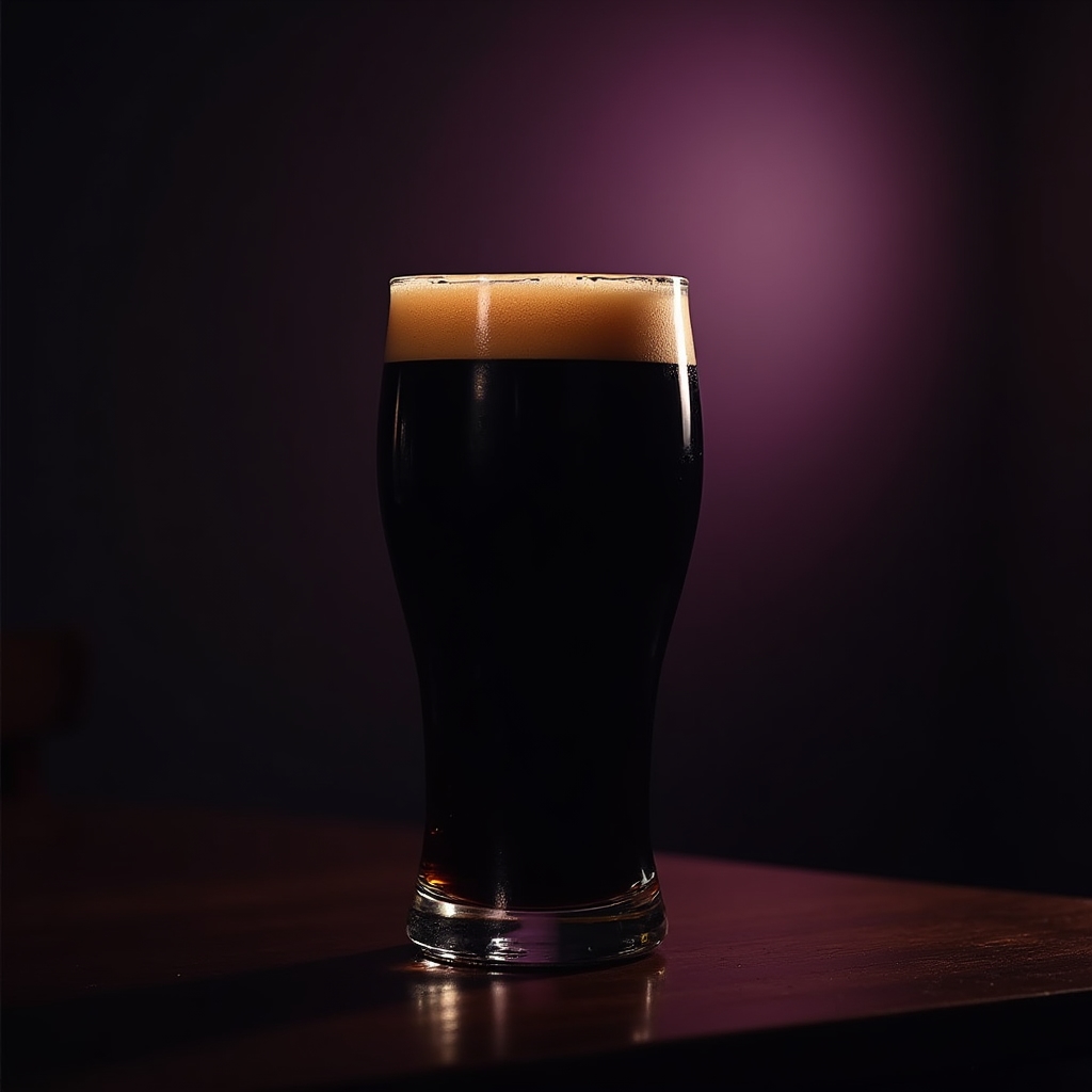 Glass of dark stout home brew with a tan foam head