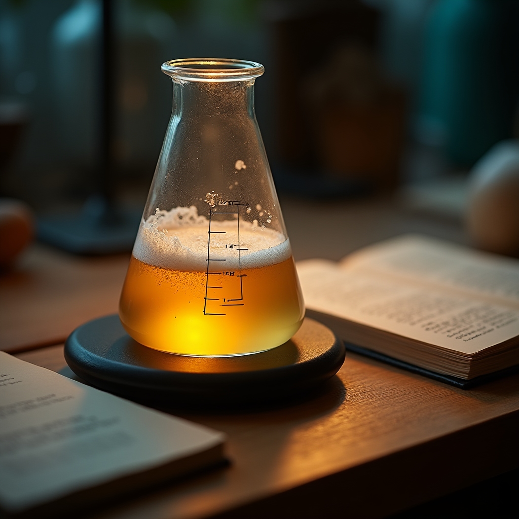 Yeast starter flask on a stir plate next to a recipe notebook
